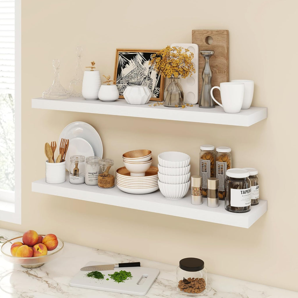 40 Inch Floating Shelves, 9.3" Deep Floating Shelf Wall Mounted, 40" Wall Shelves, Rustic Deep Bookshelf, Large Display Shelves & Storage Shelves for Bedroom, Living Room, White, Set of 2