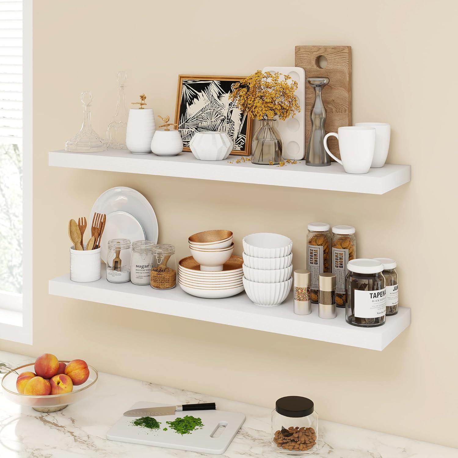 40 Inch Floating Shelves, 9.3" Deep Floating Shelf Wall Mounted, 40" Wall Shelves, Rustic Deep Bookshelf, Large Display Shelves & Storage Shelves for Bedroom, Living Room, White, Set of 2