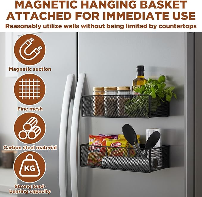 2 Pack Magnetic Basket Organizer Holder for Fridge Magnetic Storage Bin Box Containers for Refrigerator Whiteboard Classroom (Large, Black)