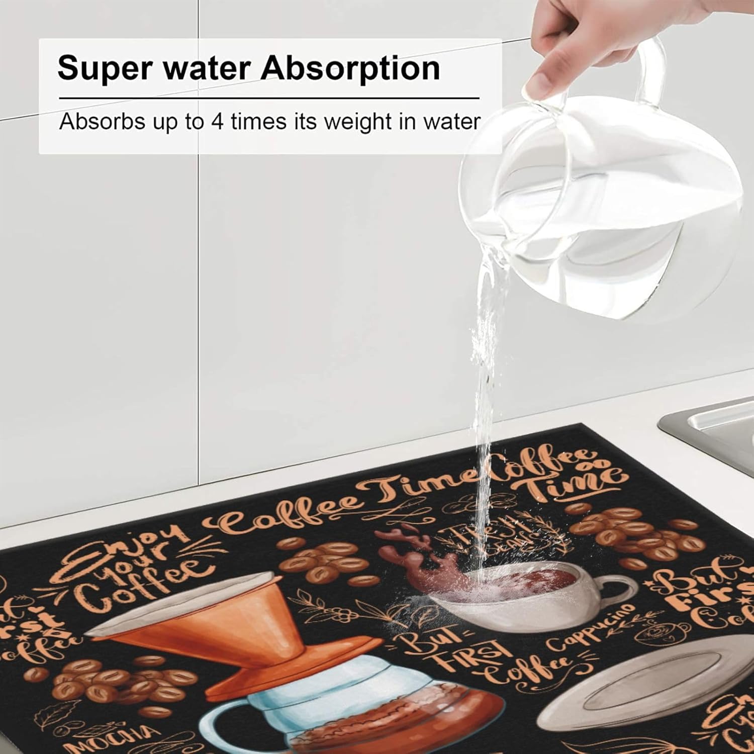 Fun Coffee Dish Drying Mat, Highly Absorbent Microfiber Kitchen Counter Pad Reusable Washable, 16*18"