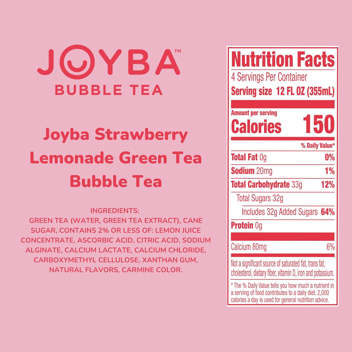 Joyba Bubble Tea Strawberry Lemonade Green Tea, 4 Pack, 12 fl. oz. Cups