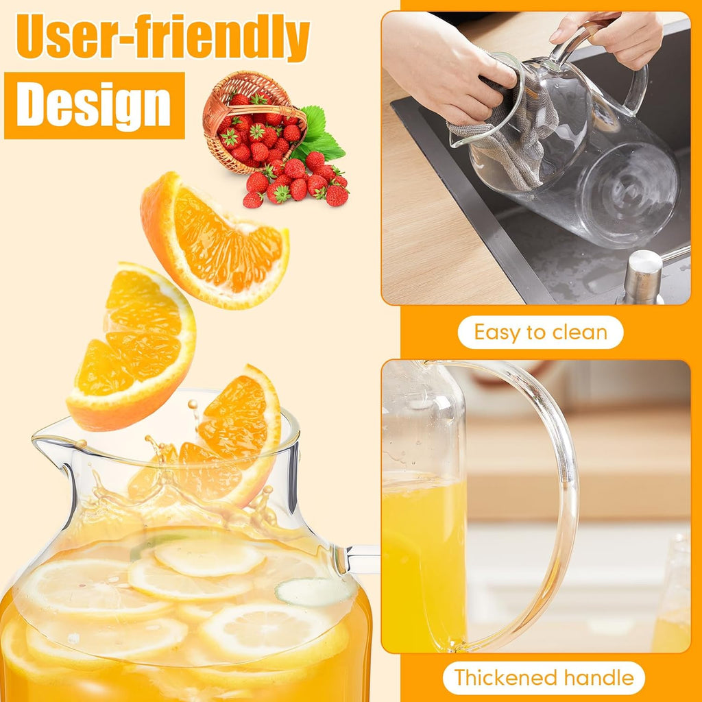Honeydak 2 Pack 3 Liters 100 oz Column Glass Pitcher with Lid and Handle, Glass Water Jars Carafe Jug for Hot/Cold Drinks, Tea, Beverages, Parties and Picnics