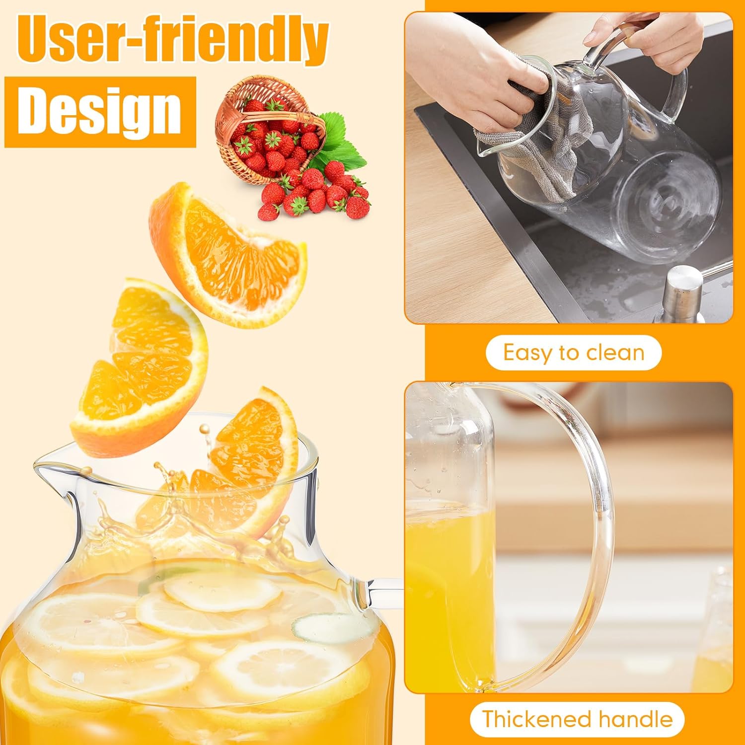 Honeydak 2 Pack 3 Liters 100 oz Column Glass Pitcher with Lid and Handle, Glass Water Jars Carafe Jug for Hot/Cold Drinks, Tea, Beverages, Parties and Picnics