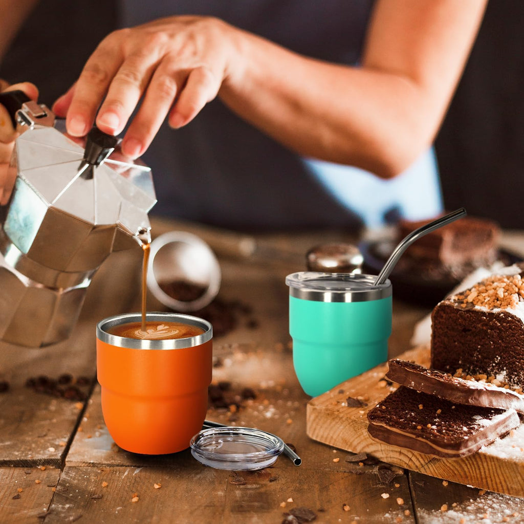 4oz Stackable Cup, Vacuum Insulated Espresso Cup Set of 6, Espresso Shot Cup for Coffee, Double Wall Stainless Steel Mini Tumbler Shot Glasses with Straw and Lid (A-mixed6P, 4oz)