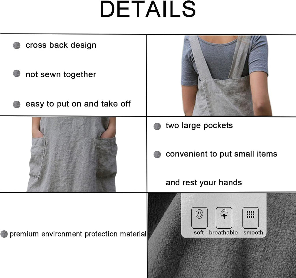 ZQFFB Pinafore Cross Back Apron for Women with Pockets Japanese Smock for Work Gardening Cooking Painting Baking