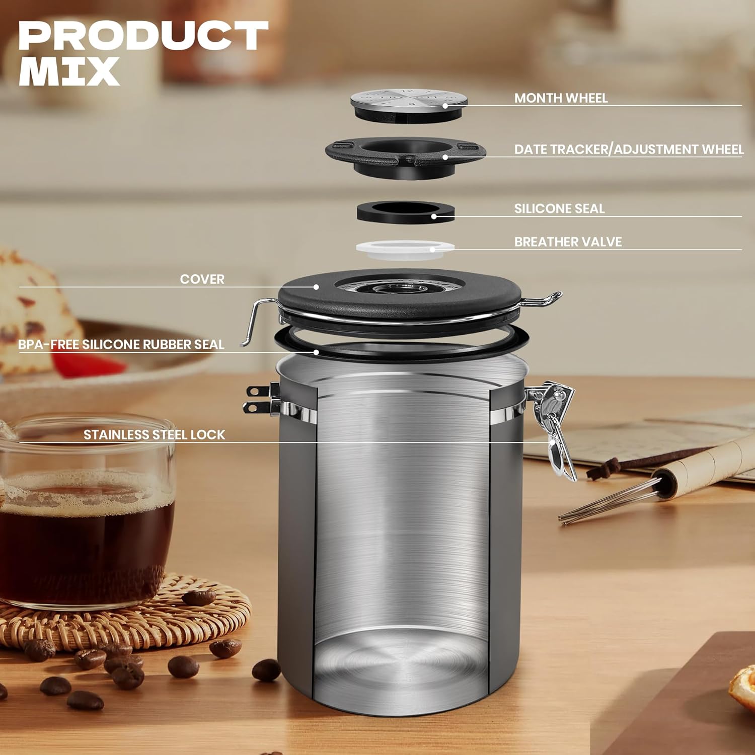 38oz Airtight Coffee Canister,Stainless Steel Coffee Bean Storage Container with Scoop Date Tracker & CO2 Release Valve for Beans, Grounds and more- Gray