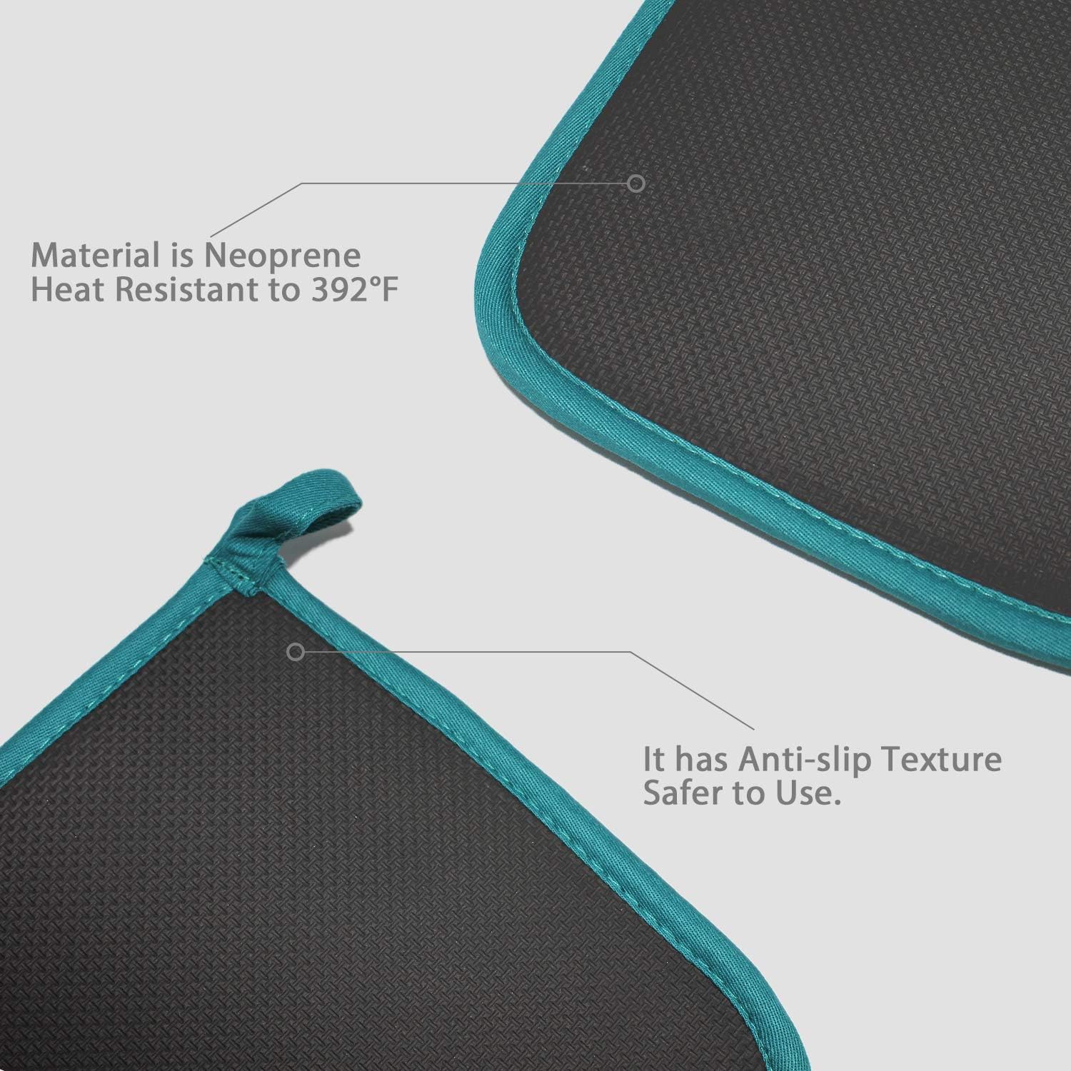 Cotton and Neoprene Oven Pads Pot Holders with Pocket 8"x8.5" Dual-Function Hot Pad Set for Finger Hand Wrist Protection Heat Resistant to 428°F Teal