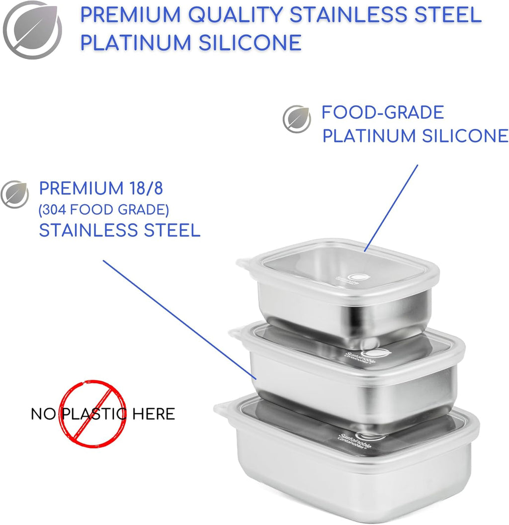 Stainless Steel Food Storage Containers with Clear Platinum Silicone Lids, Airtight, Leakproof 18/8 (304) Food Grade SS Nested 3Pk 20/30/40 oz Plastic-Free