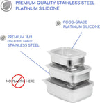 Stainless Steel Food Storage Containers with Clear Platinum Silicone Lids, Airtight, Leakproof 18/8 (304) Food Grade SS Nested 3Pk 20/30/40 oz Plastic-Free
