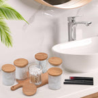 6 Pack Glass Qtip Holder Dispenser Set - Apothecary Jars with Lids for Vanity Makeup Organizer - Bathroom Canister Storage Organizer for Cotton Ball, Cotton Swab, Cotton Round Pads,Floss
