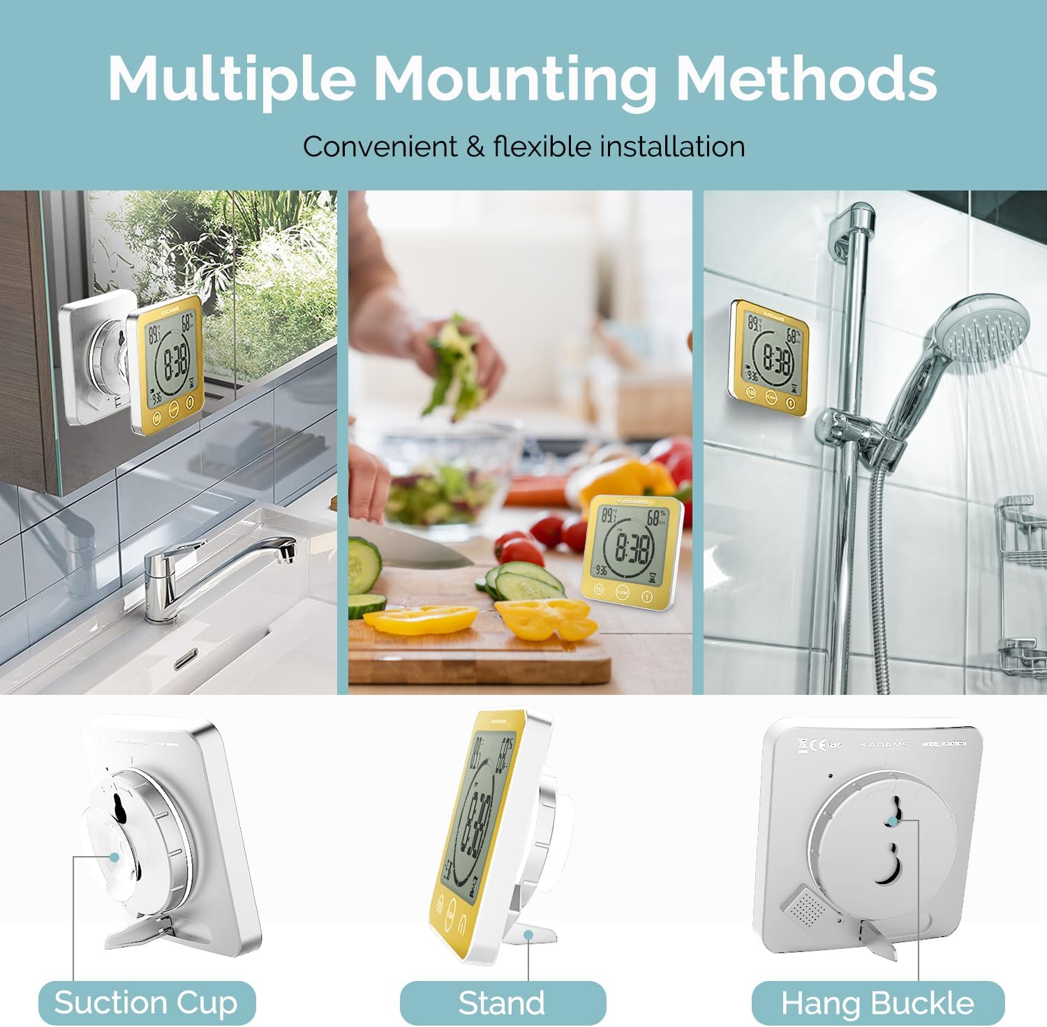 KADAMS Shower Clock Waterproof Bathroom Timer – Digital Wall Clock with Countdown, Magnetic Kitchen Clock with Temperature & Humidity, Suction Cup for Kids Shower Spa Sauna Cook Bath (Yellow)