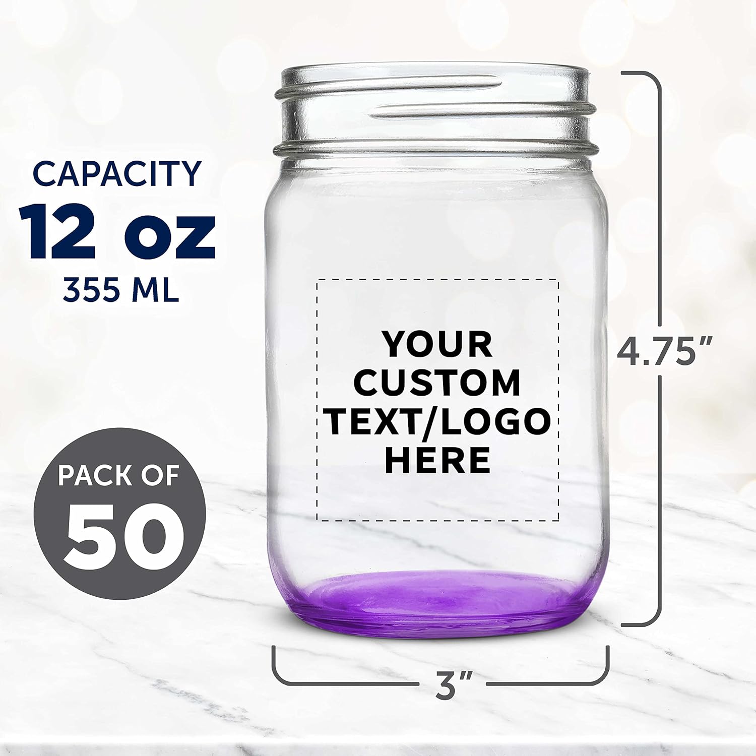 DISCOUNT PROMOS Custom Decorating Mason Jars 12 oz. Set of 50, Personalized Bulk Pack - Glass Jars for Overnight Oats, Candies, Fruits, Pickles, Spices, Beverages - Purple