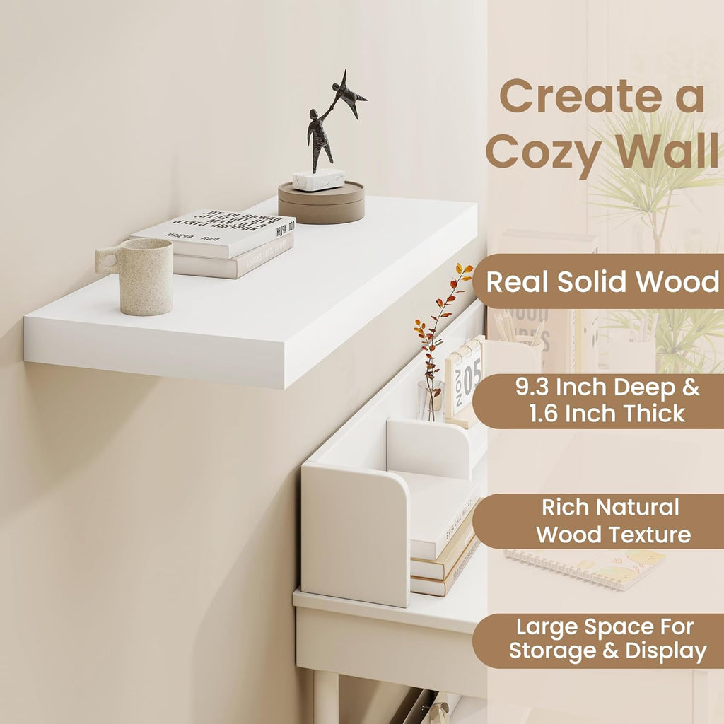 Fun Memories White Floating Shelves 48 InchLong, 9 Inch Deep Floating Shelves, Solid Wood Shelves for Home Decor, Deep Storage & Display Shelves for Living Room, Bathroom, Kitchen, Set of 1