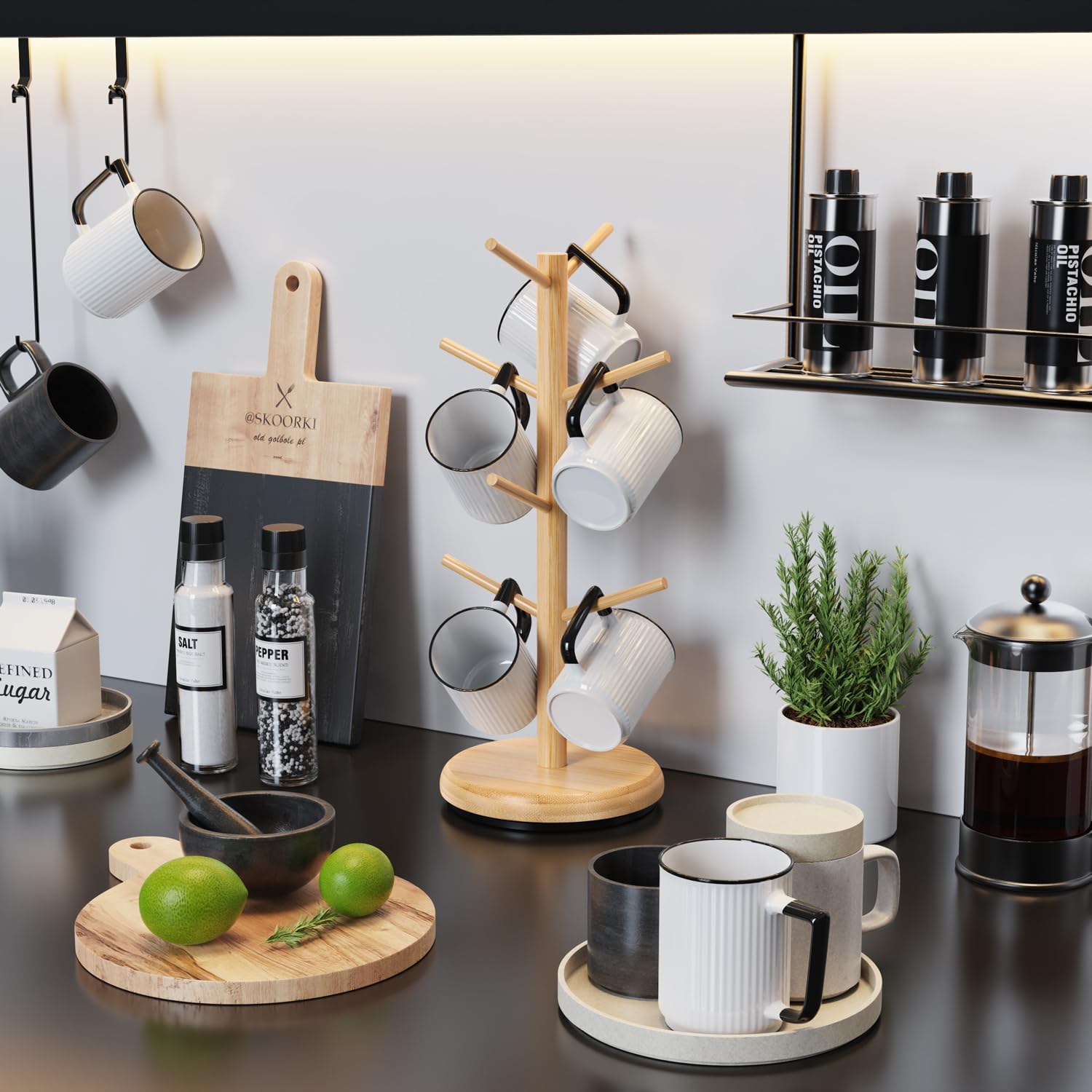 BAMBANG Mug Holder Tree, 360° Rotating 8 Hooks Coffee Cup Holder for Counter Top, Bamboo Coffee Mug Rack Stand for Kitchen Countertop Home, Natural