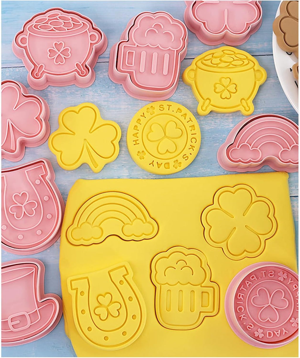 St. Patrick's Day Cookie Cutters, 8Pcs 3D Plastic Cookie Molds Cartoon Shamrock Four Leaf Clover Horseshoe Biscuit Cutters for Irish Holiday Party Baking Cutting Tool (D8)
