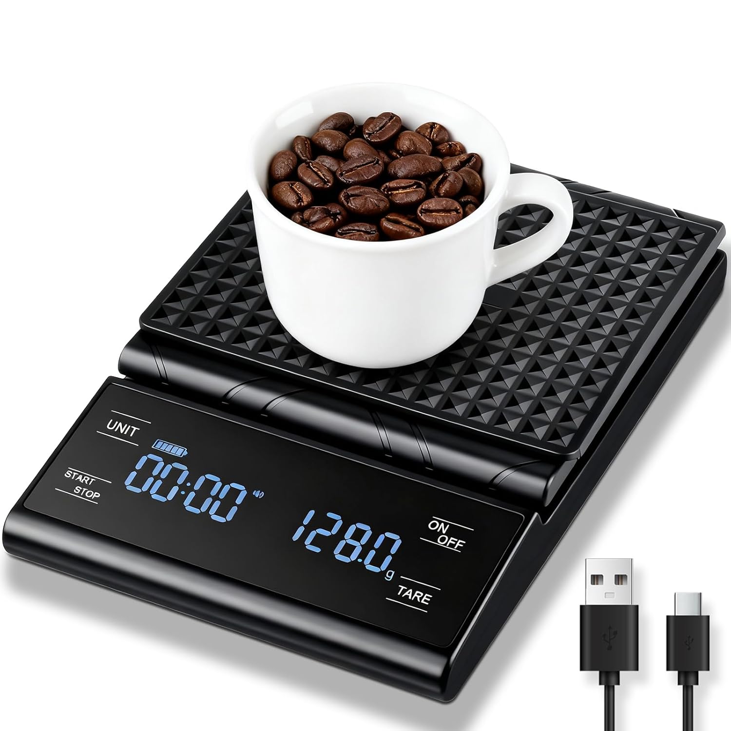 Rechargeable Coffee Scale with Timer, 5kg/0.1g Precision Pour Over Drip Espresso Scale for French Press, Digital Kitchen Scale with Auto Tare, Lit LCD Display and Silicone Cover