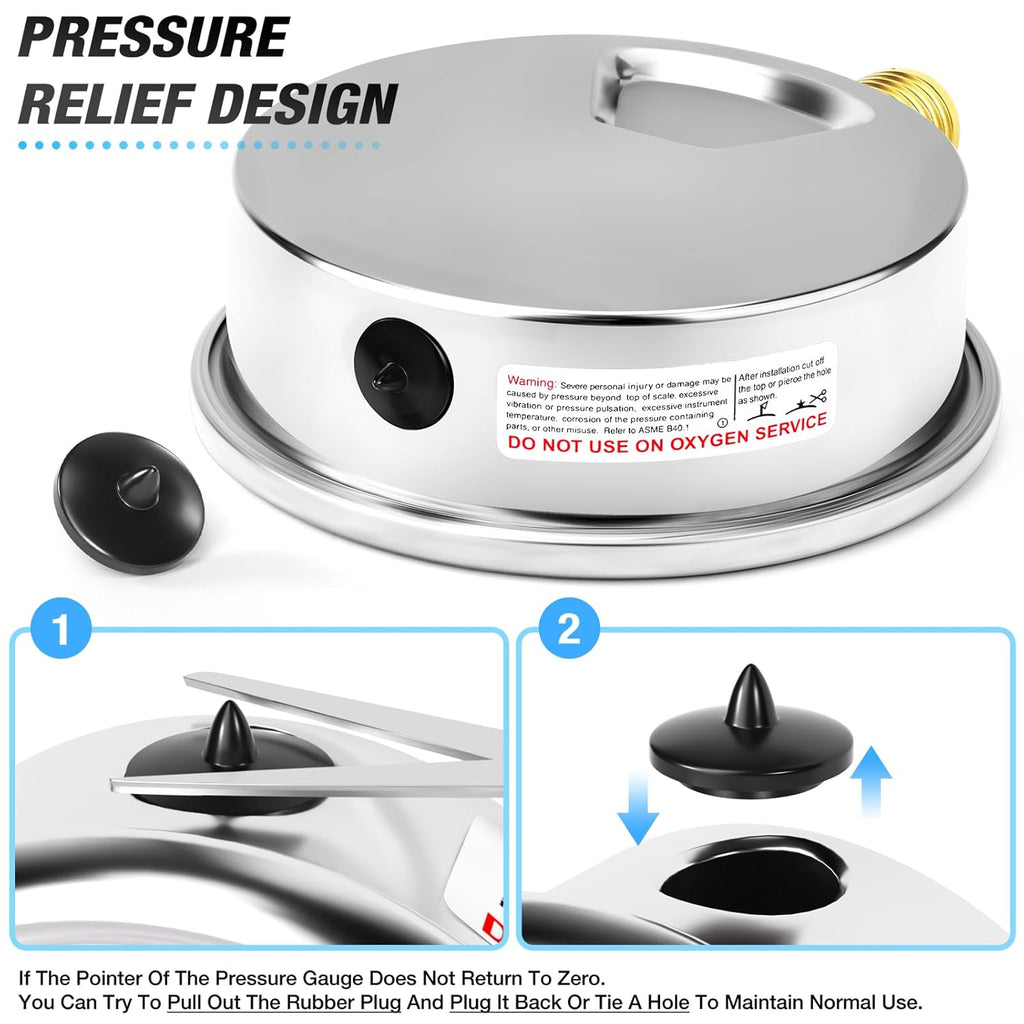 MEANLIN MEASURE 0~60Psi Stainless Steel 1/4" NPT 4" FACE DIAL Liquid Filled Pressure Gauge, Pool Sand Filter Water Pump Pressure Test Lower Mount, with 1/2" NPT and 3/8" NPT Hex Bushing