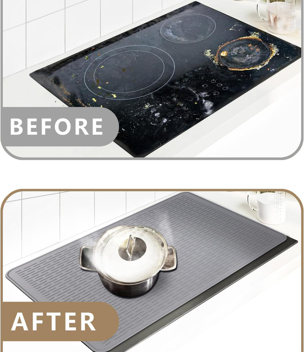 Golener Silicone Large Dish Drying Mat - 28" x 20" Stove Top Protector for Electric Stove, Food Grade, Foldable, Easy Clean, Heat-resistant Silicone Mat for Glass Stove Cooktop, Stove Top Cover, Grey