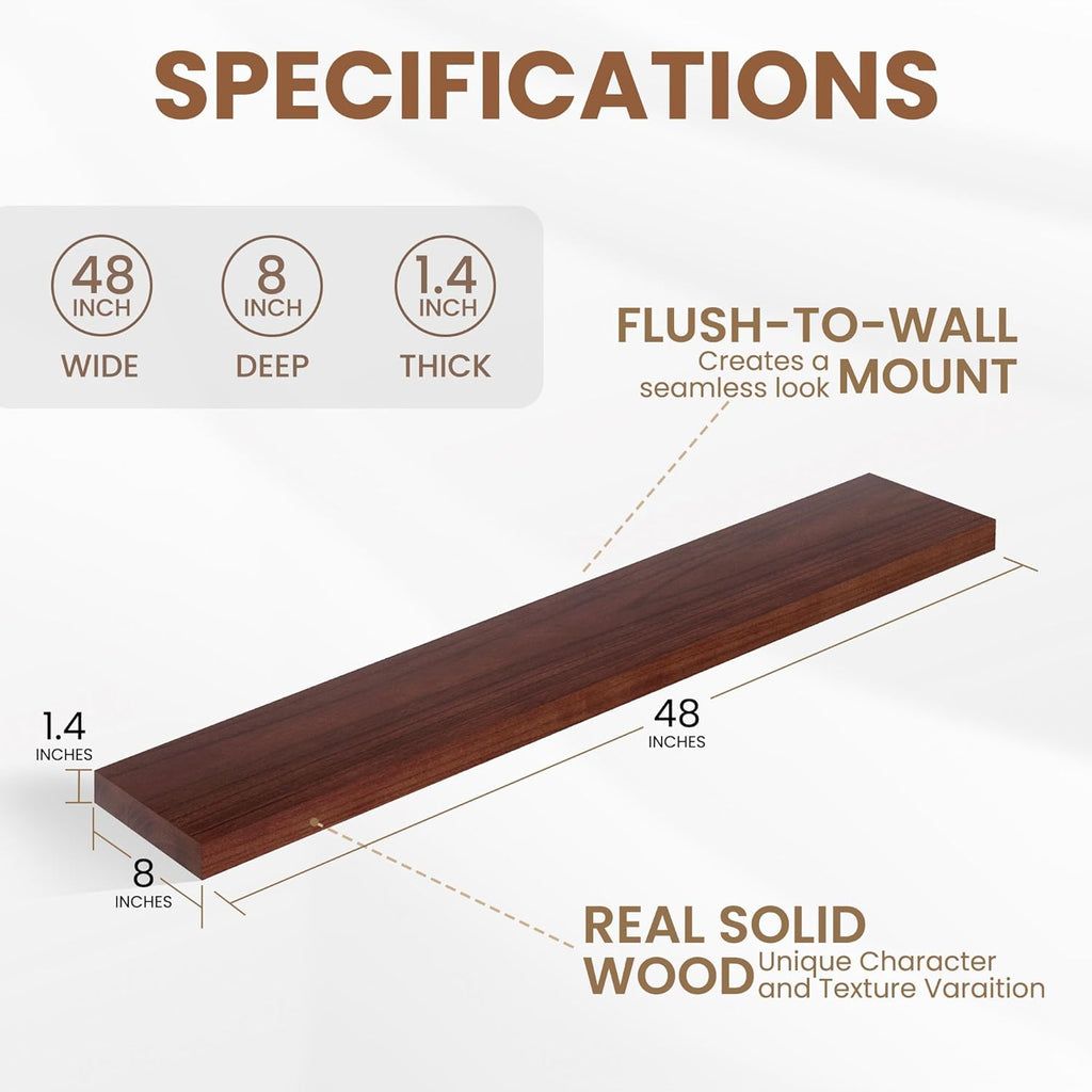 Fun Memories Rustic Real Wood Floating Shelves, 8 Inch Deep Floating Shelf Wall Mounted, 48" W x 8" D Wall Shelves Storage Shelves for Living Room, Bedroom, Bathroom, Red Brown, Set of 1