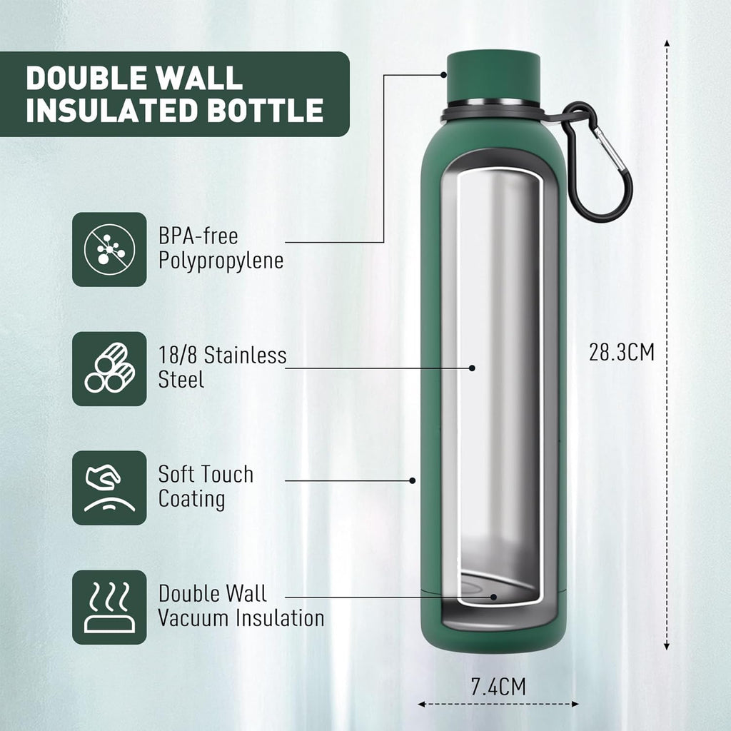 Slim Insulated Water Bottles for Travel 25oz with Clip, Double Wall Vacuum Stainless Steel Water Bottle Keeps Drinks Cold 24 Hrs/Hot 12 Hrs, 100% Leakproof, BPA Free(Emerald Green)