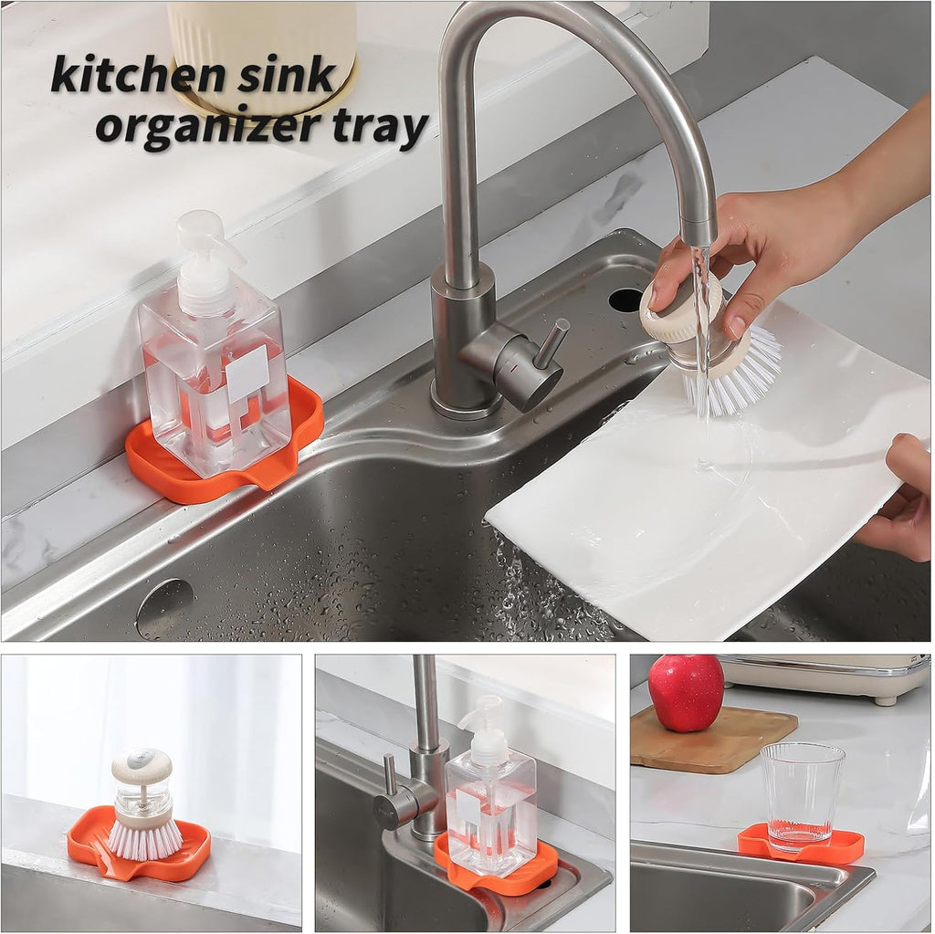 Silicone Bathroom Soap Dishes with Drain Spout-Bathroom and Kitchen Sink Organizer,Sponge Holder,Dish Soap Tray,Perfect for Dispenser,Scrubber,Bottle,Cup on Sink or Counter-Orange 4.9"×3.2"