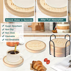 Coasters Sets of 6 Housewarming Gifts for Home Decoration Absorbent Coasters with Holder for Coffee Tabletop Protection 4.3 Inch Beige