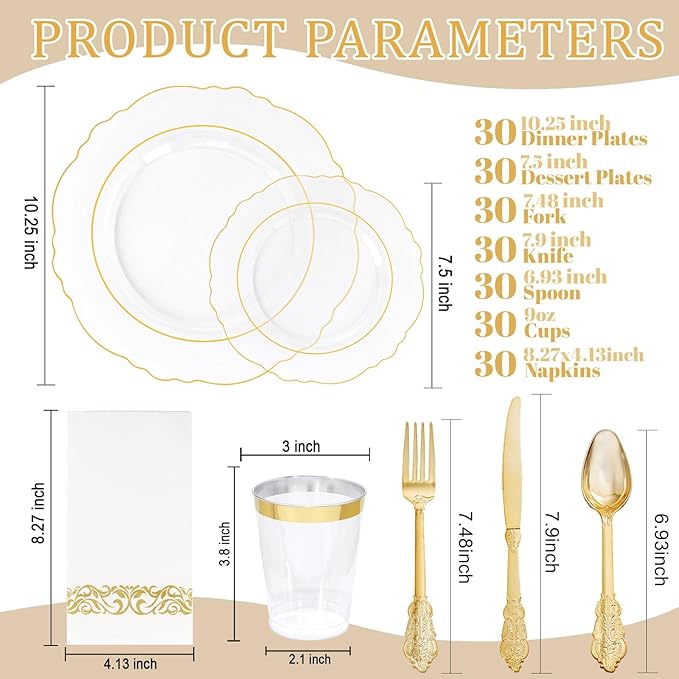 KIRE 210Pcs Clear and Gold Plastic Plates - Heavy Duty Clear Plates with Gold Rim - Disposable Dinnerware Sets of 60 Plastic Plate 90 Silverware 30 Cups 30 Napkins for Wedding/Thanksgiving Parties