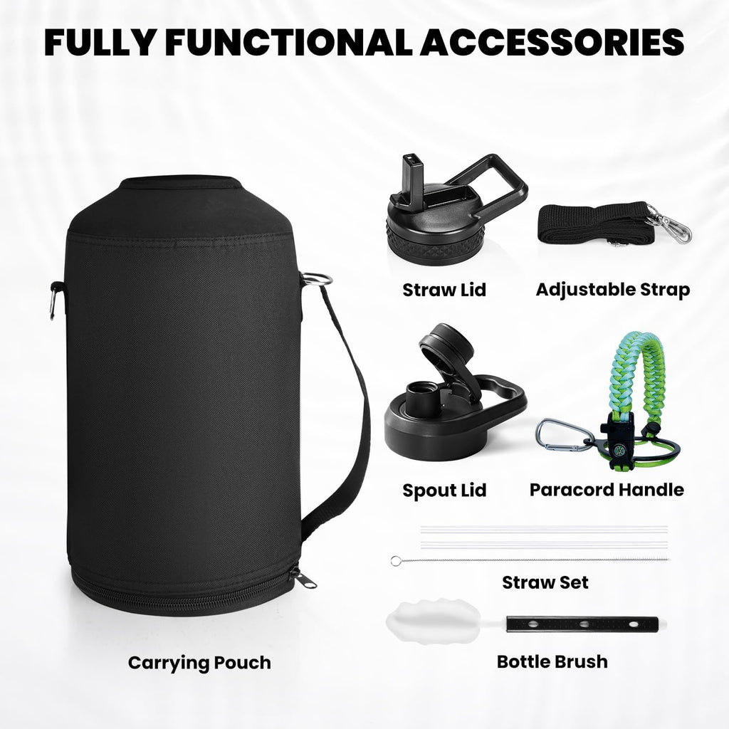 One Gallon Water Bottle Insulated, Triple Walled Vacuum Stainless Steel (Cold for 48 Hrs), Leak Proof & Non-BPA, Large Water Flask Jug with Paracord Handle & Straw Spout Lids
