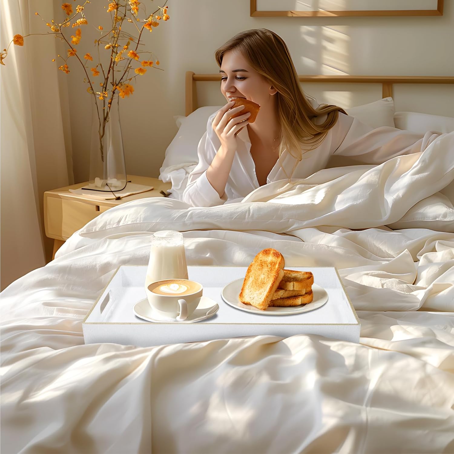 MAONAME White Decorative Tray for Coffee Table, Modern Serving Tray with Handles, Plastic Rectangular Tea Tray for Ottoman, Bathroom Decor, 15.8” X 10.2” x1.4