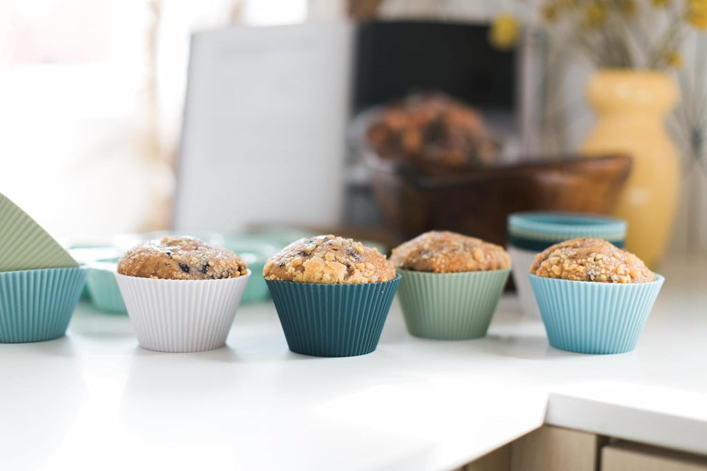 The Silicone Kitchen Reusable JUMBO Silicone Baking Cup, Non-Toxic, BPA Free, Dishwasher Safe, Jumbo, 12 Pack, White Blue Green