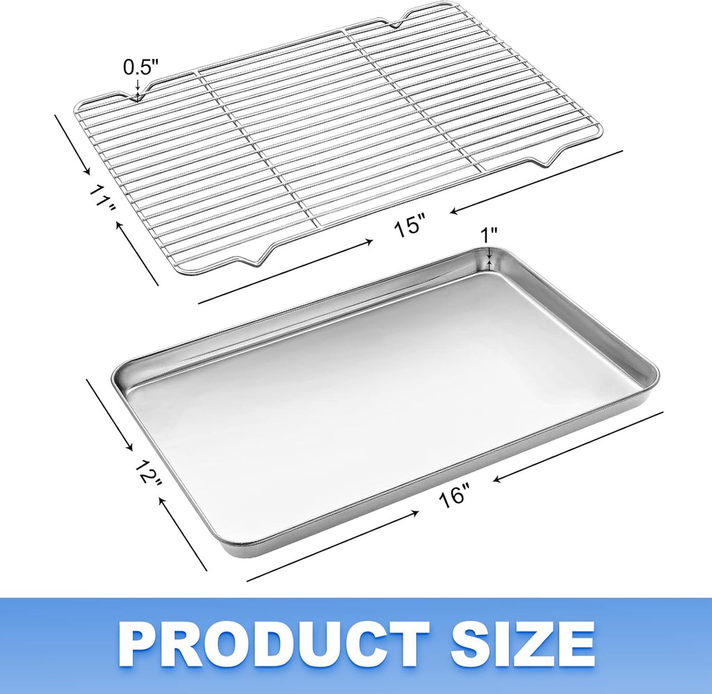 Baking Sheet with Wire Rack Set (1 Baking Pan + 1 Cooling Rack), 16 x 12 x 1 Inch Stainless Steel Cookie Sheet Pan Toaster Oven Tray with Rack, Non-stick & Dishwasher Safe