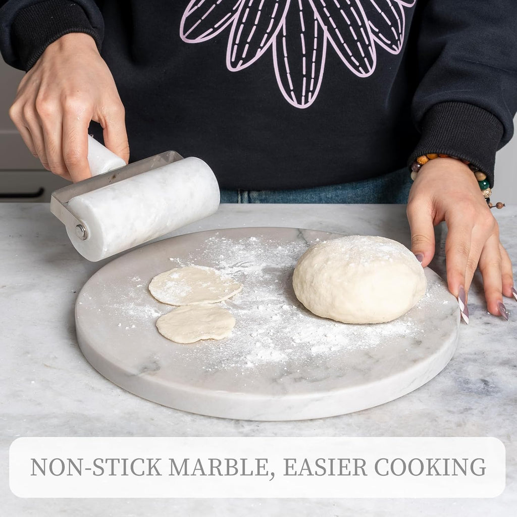 Koville Brazilian Natural Marble Cutting Board for Kitchen, 11inch Round Hand Crafted Marble Slab for Cheese, Charcuterie, Pastry Board - Wedding Gift, House Warming Gift(White Macaubas)