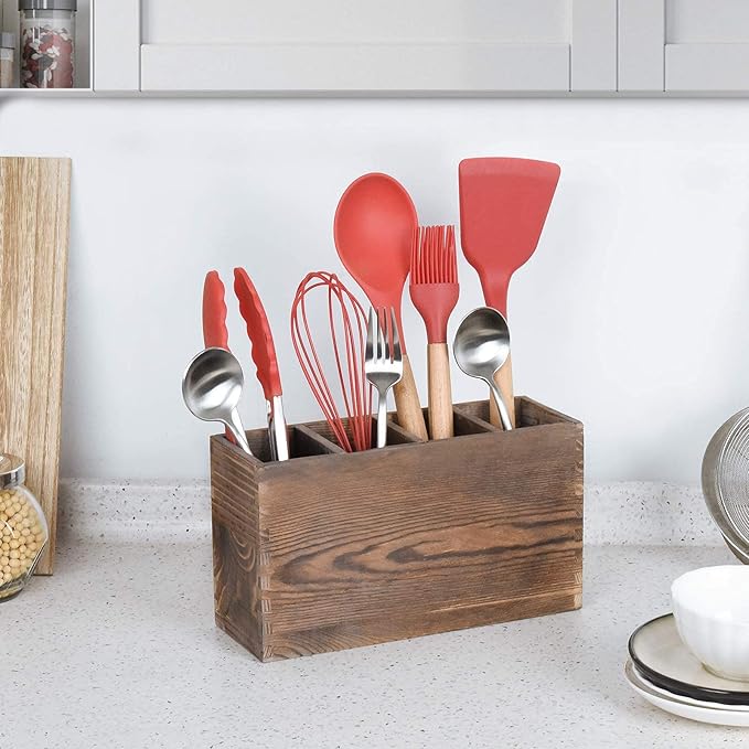 WuGeShop 4 Compartment Wooden Utensil Holder Organizer for Kitchen Countertop Organizer and Cooking Tools Storage