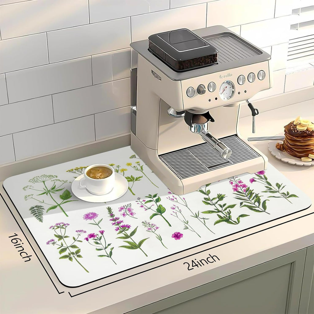 Bloss Dish Drying Mat, Multiple Usage Coffee Bar Mat, Kitchen Counter Mat, Absorbent Hide Stain Rubber Backed Dish Drying Pad(16.1"x24.1", 2-Row Flower)