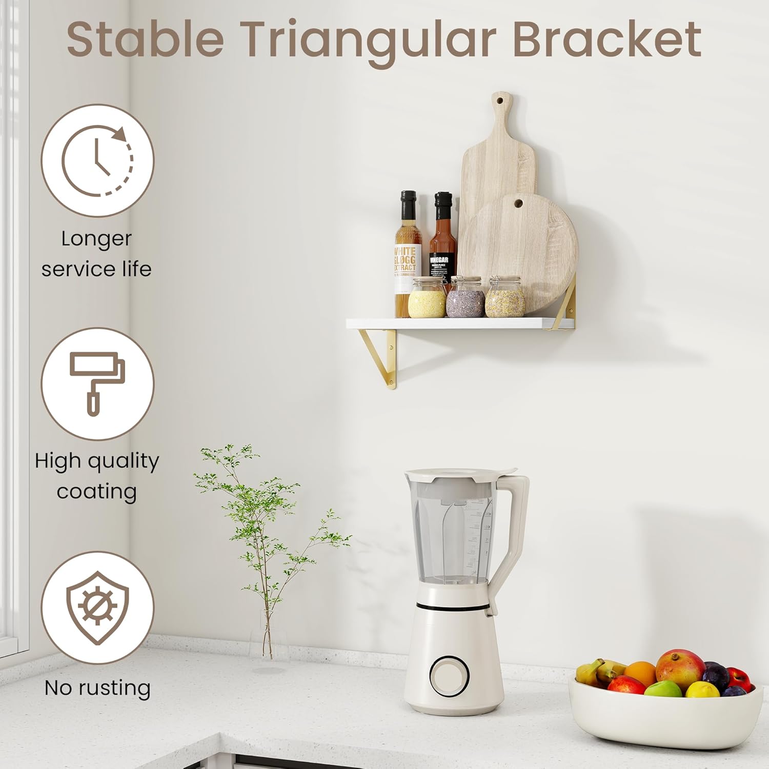 Dreamland Deep Floating Shelves for Wall, 16W x 8D Wall Mounted Shelves Set of 2, Floating Shelves Bedroom with Sturdy Metal Brackets for Living Room, Bathroom and Kitchen, White with Gold Brackets