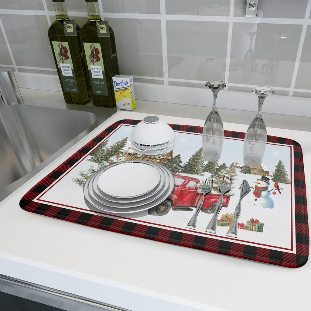 Giwawa Christmas Truck Dish Drying Mat 18x24 inch Large Winter Snowman Xmas Trees Snow Farm Dish Drainer Mats Red Black Buffalo Plaids Absorbent Dish Drying Pad for Kitchen Countertop Decor
