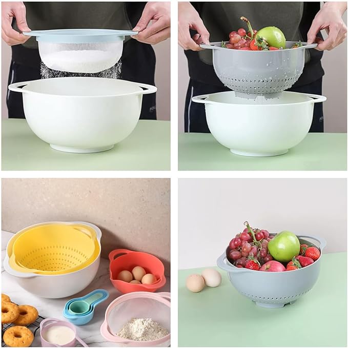 Plastic Mixing Bowls Set 8/10 PCS with Measuring Spoon, Colorful Serving Bowls for Kitchen, Ideal for Baking, Prepping, Nesting Bowls for Space Saving Storage (Pebble Stream)