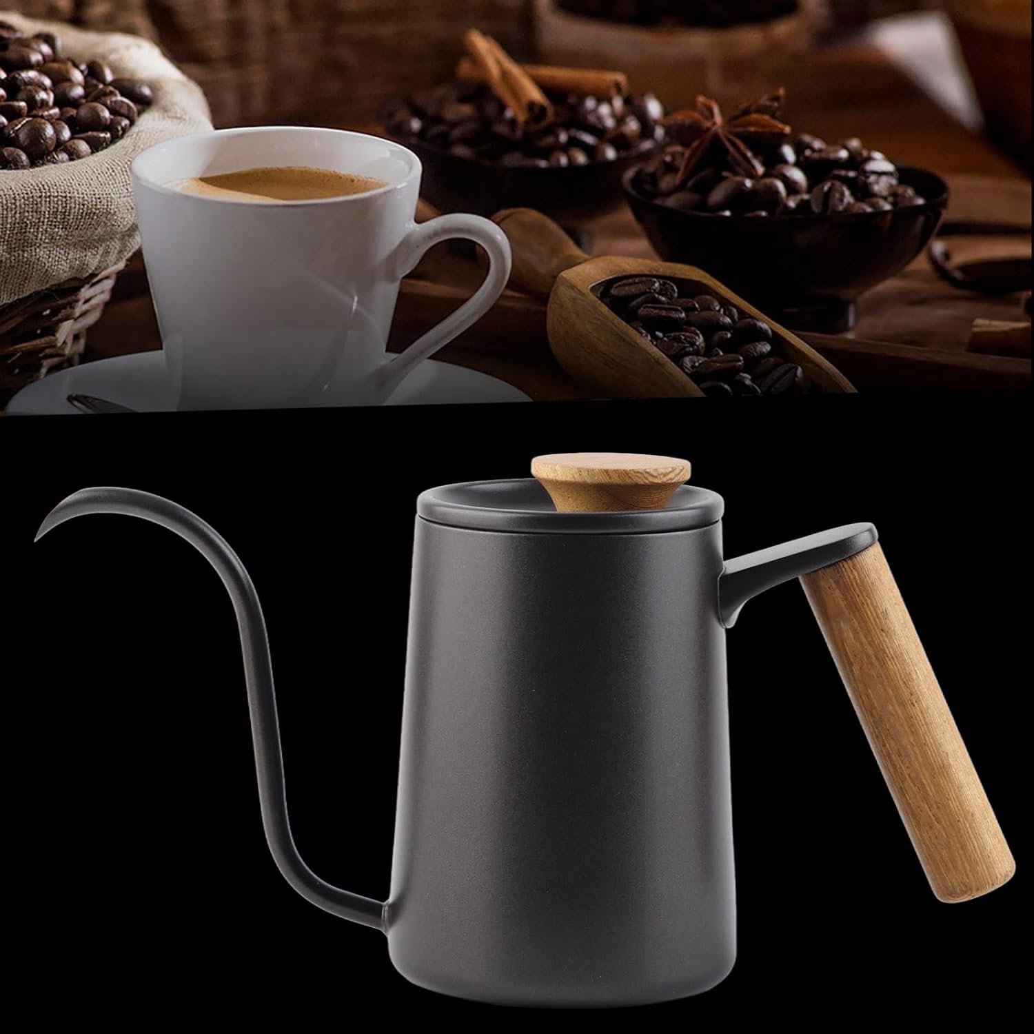 Pour Over Coffee Kettle 600ml - Stainless Steel Handle, Long Narrow Gooseneck Spout Drip Coffee Pot (Black)