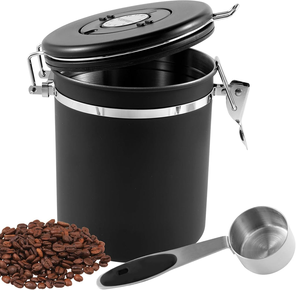 2Pcs Coffee Storage Canister 1.5L Double Airtight Coffee Beans Container with Date Locator 304 Stainless Steel Kitchen Food Storage Container with Spoon for Tea Sugar,Black (2)