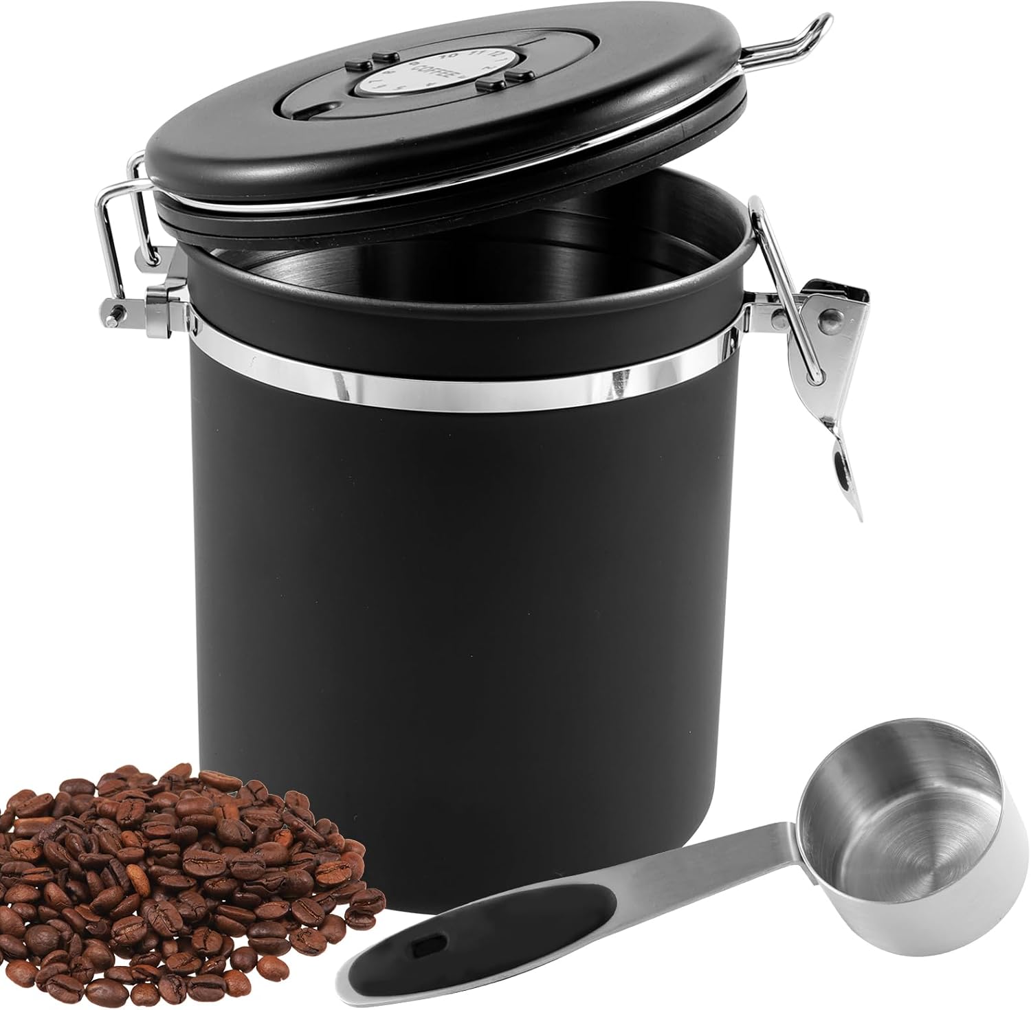 2Pcs Coffee Storage Canister 1.5L Double Airtight Coffee Beans Container with Date Locator 304 Stainless Steel Kitchen Food Storage Container with Spoon for Tea Sugar,Black (2)