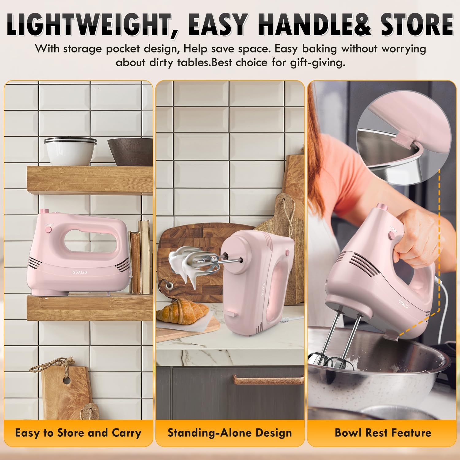 Electric Hand Mixer with Stainless Steel Whisk, Dough Hook Attachment and Storage Bag, Handheld Mixer for Baking Cakes, Eggs, Cream Food Mixers. Turbo Boost /5 Speed Kitchen Blender PINK