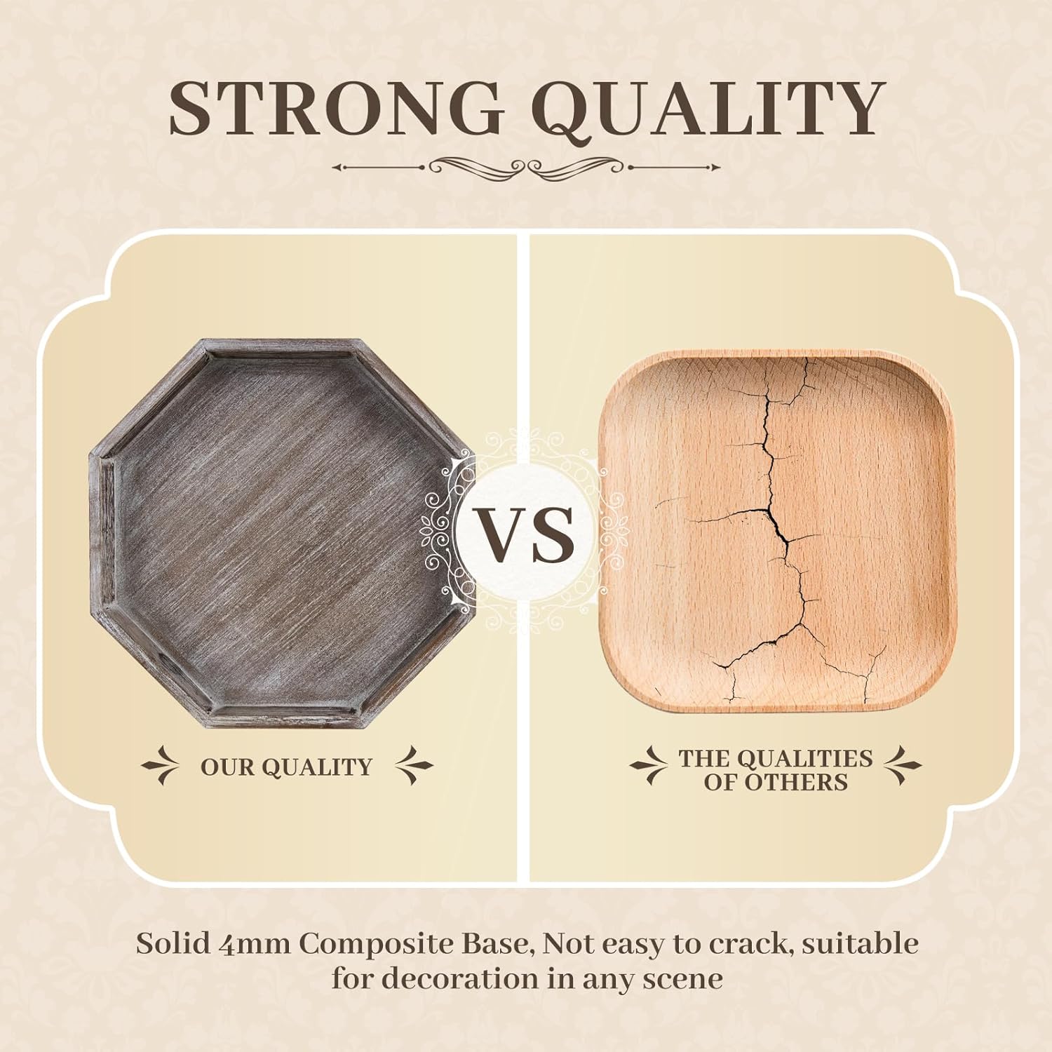 Wooden Decorative Tray, Small Serving Tray with Wood Bead, Farmhouse Big Tray for Ottoman, Countertop, Coffee Tabl, 13" x 13"x 1.6" (Retro Brown)