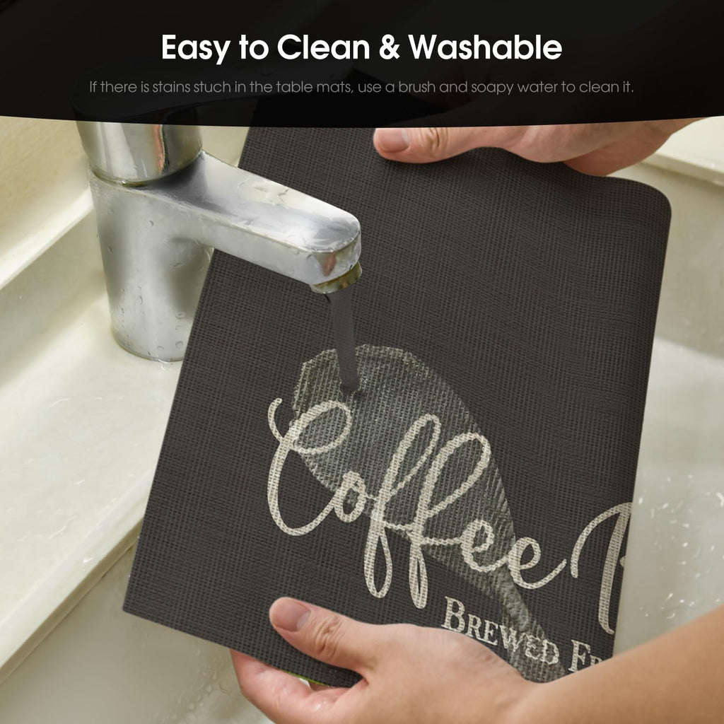 Artoid Mode Coffee Bar Mat Set of 2, Plastic Vinyl Washable Woven Non-Slip Table Mats for Coffee Machine Decor,Dark Gray