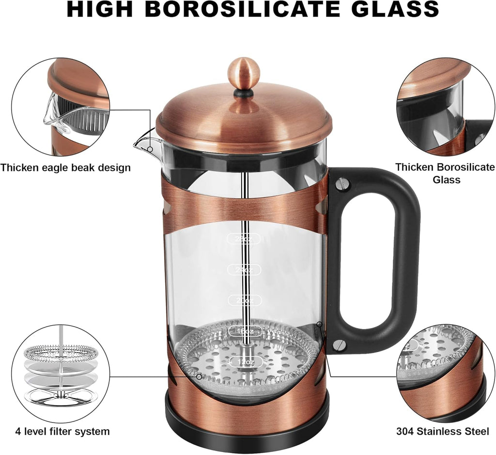 34 Ounce French Press Coffee Maker Copper Stainless Steel Coffee Press, with 4-Level Filter System, Heat Resistant Thickness Borosilicate Glass, BPA-Free Brewed Coffee Pot for Camping Gifts