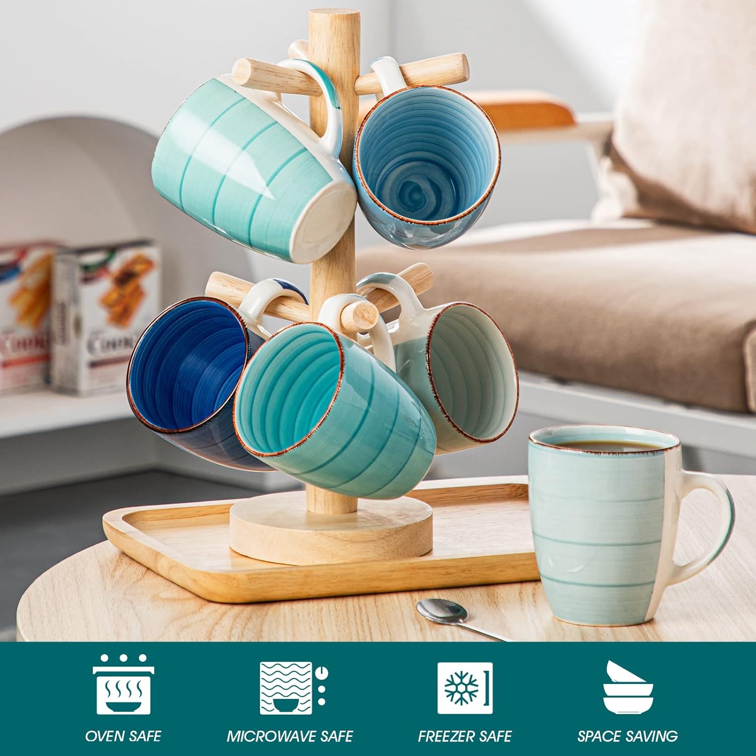 vancasso Bonita 12 Oz Coffee Mugs Set of 6, Ceramic Coffee Cups for Cappuccino, Latte, Tea, Cocoa, Cool Color