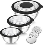TeamFar Mixing Bowls, 3PCS Stainless Steel Serving Salad Bowls with Lids & 3 Graters, For Kitchen Mixing/Baking/Storing/Prepping, Visible & Airtight, Easy Clean - 4.5/3 / 1.5 QT, Black