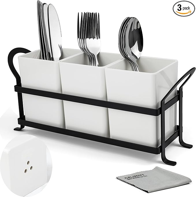 Cutlery Holder with Drain Holes, Silverware Caddy for Party Countertop, 3pcs Bins Set Utensil Holders for Spoon and Fork, White