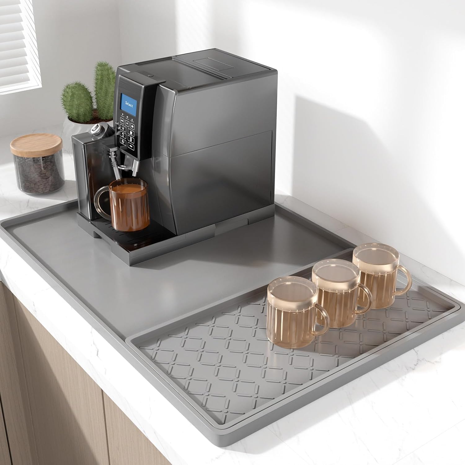 Rnivvi Silicone Coffee Mat, 16" x 24" Waterproof Raised Edge Coffee Bar Mats for Espresso Machine Station Accessories, Heat Resistant Detachable Dish Drying Pad for Kitchen Counter, Dish Rack, Gray