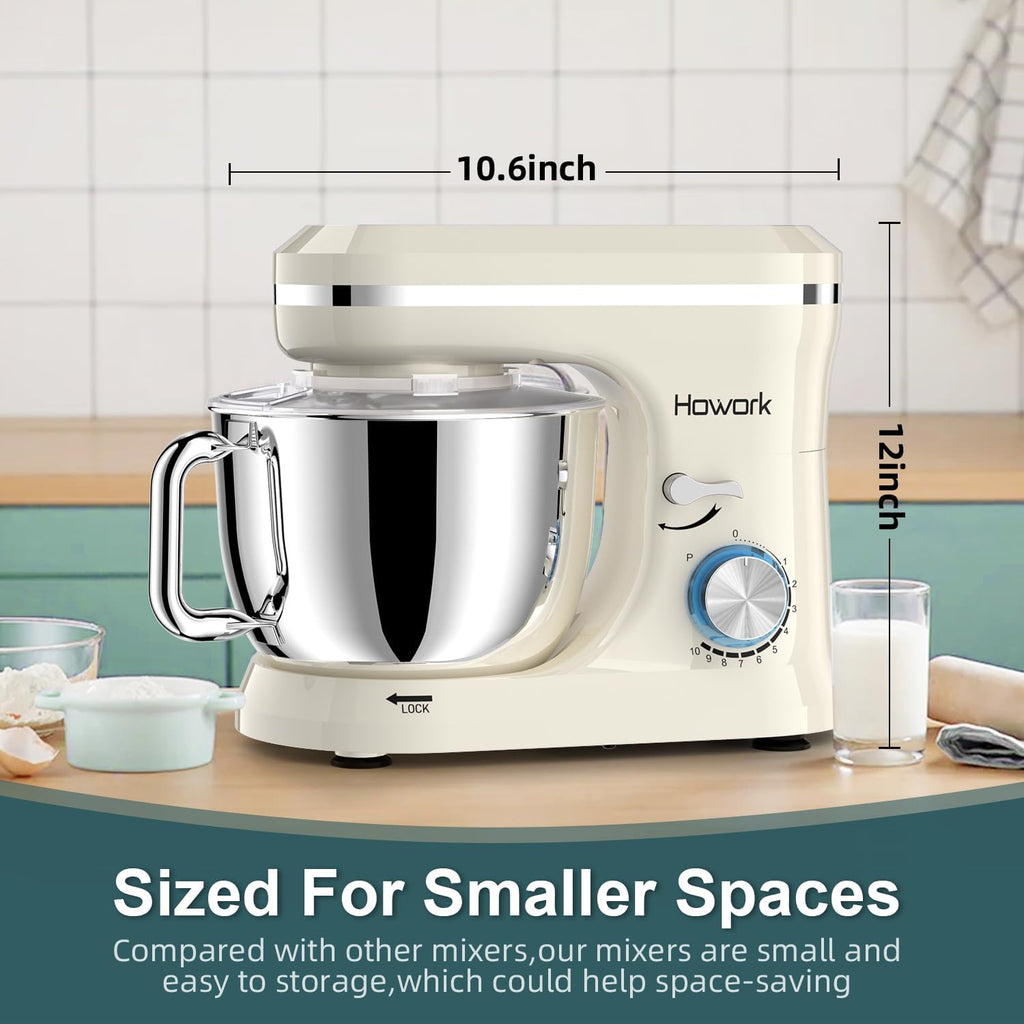 HOWORK Electric Stand Mixer,10+p Speeds With 6.5QT Stainless Steel Bowl,Dough Hook, Wire Whip & Beater,for Most Home Cooks,Cream White