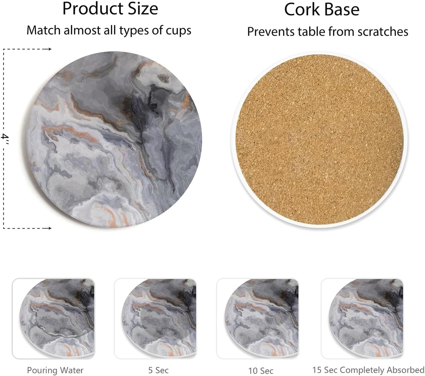 Set of 6 Abstract Dark Blue Marble Coasters with Holder, Absorbent Ceramic Coasters for Drinks, Coasters with Cork Backing for Table Protection, Housewarming Gifts for New Home